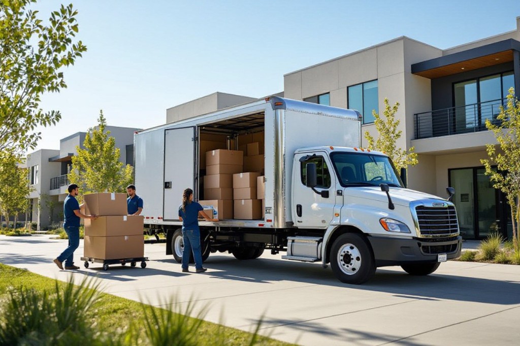Moving crew loading a truck at modern townhomes